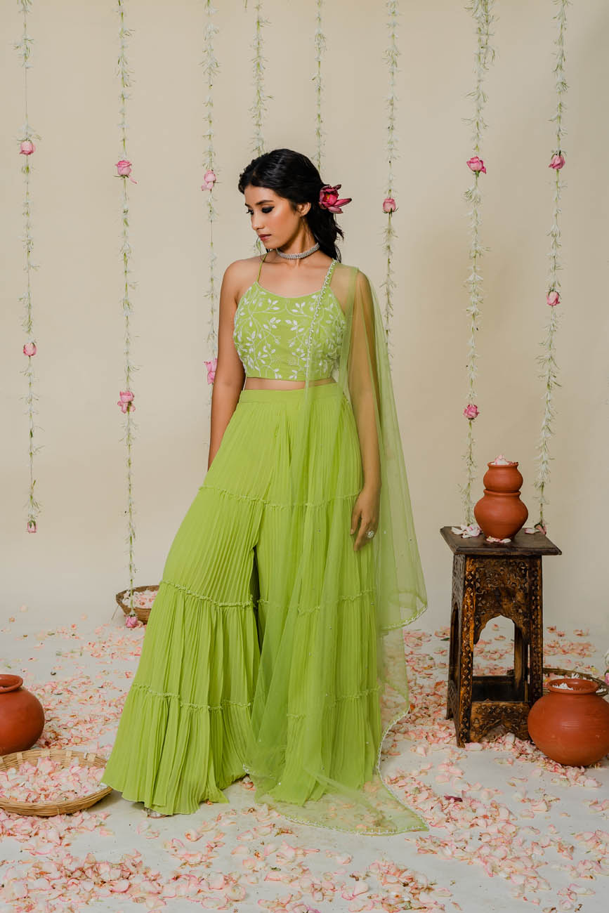 Embroidered Pleated Green Sharara Set